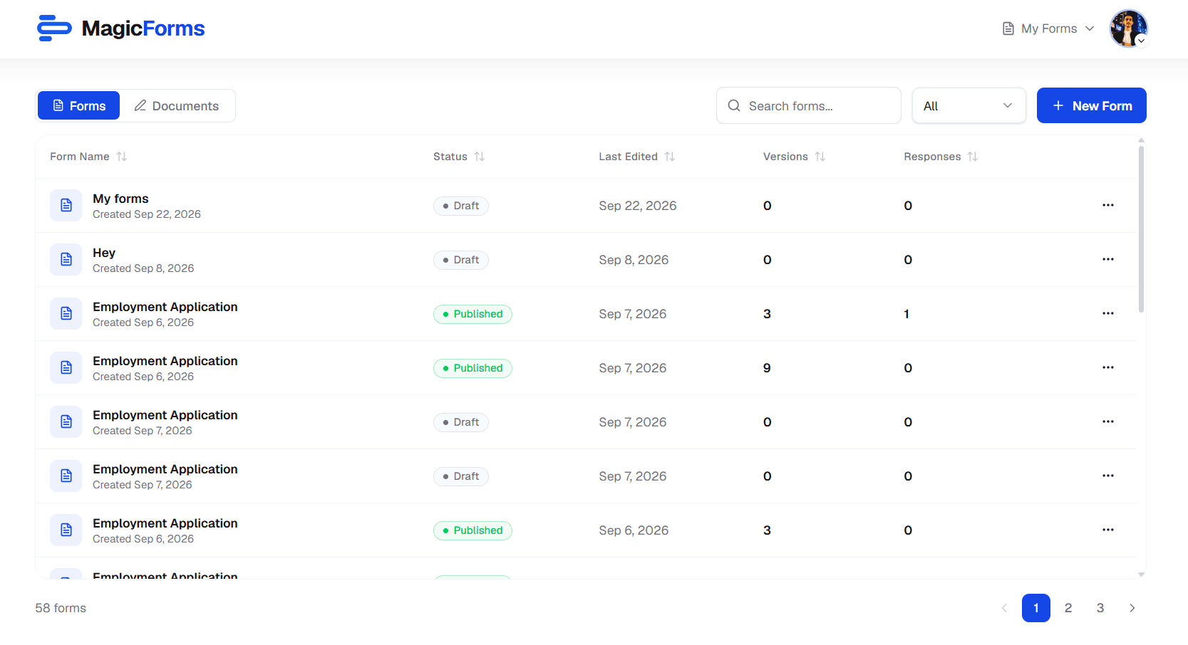 The My Forms dashboard listing generated forms with their status and responses